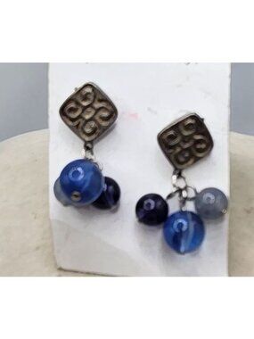 Vintage Dangling Bead Earrings With Blue & Silver Accents